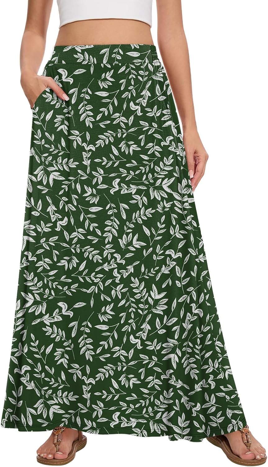 Womens Maxi A-line Long Skirt Casual 2026 Elastic High Waist Flowy Skirts with Pockets