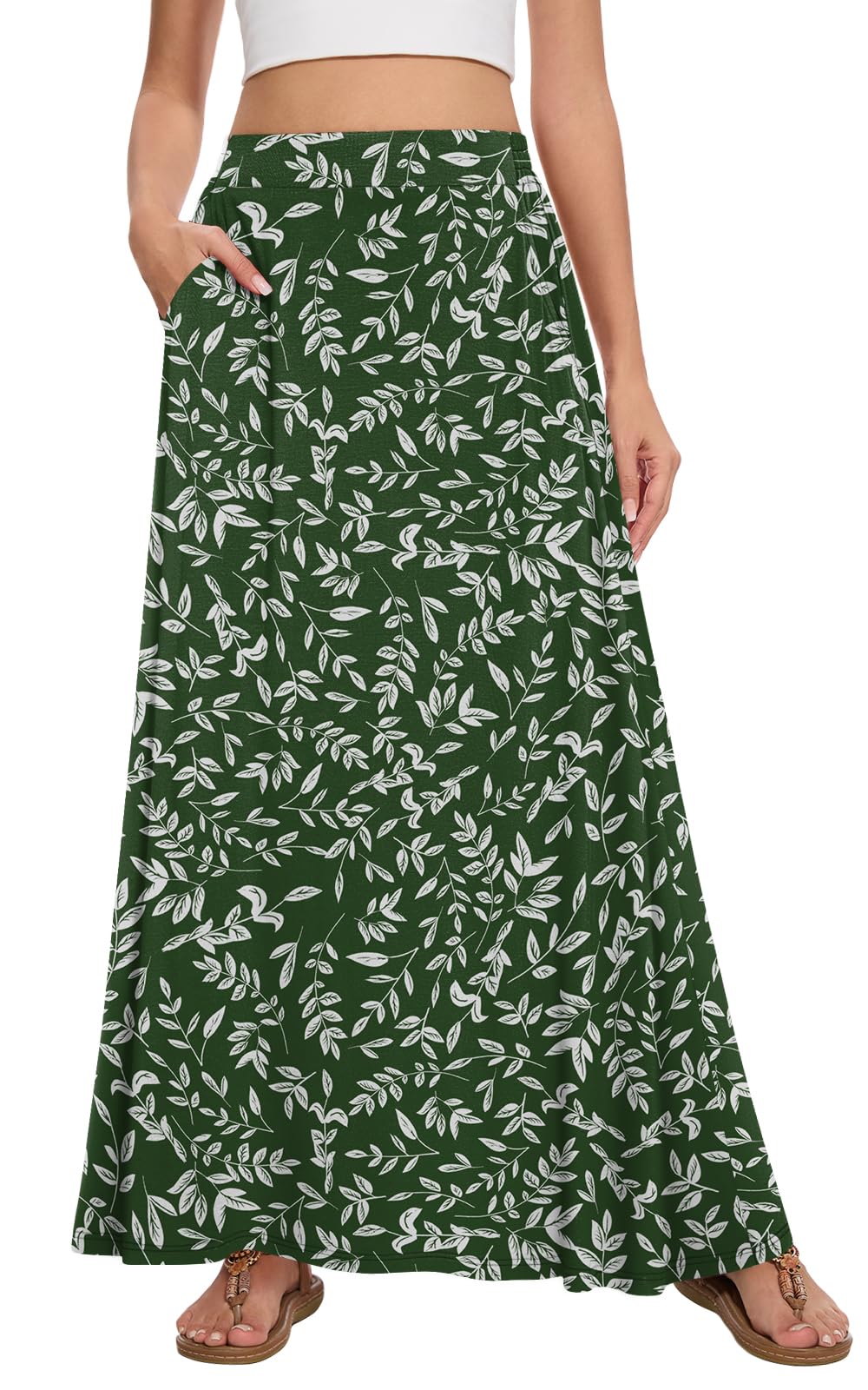 Womens Maxi A-line Long Skirt Casual 2026 Elastic High Waist Flowy Skirts with Pockets