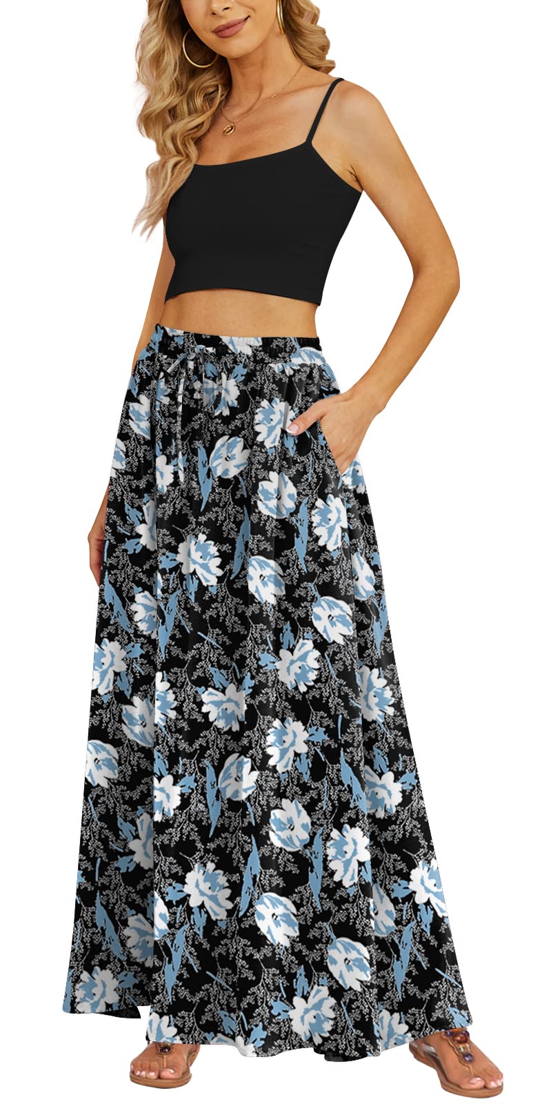 Yincro Women's Flowy Maxi Skirt Summer Pleated High Waisted Casual Long Skirts with Pockets