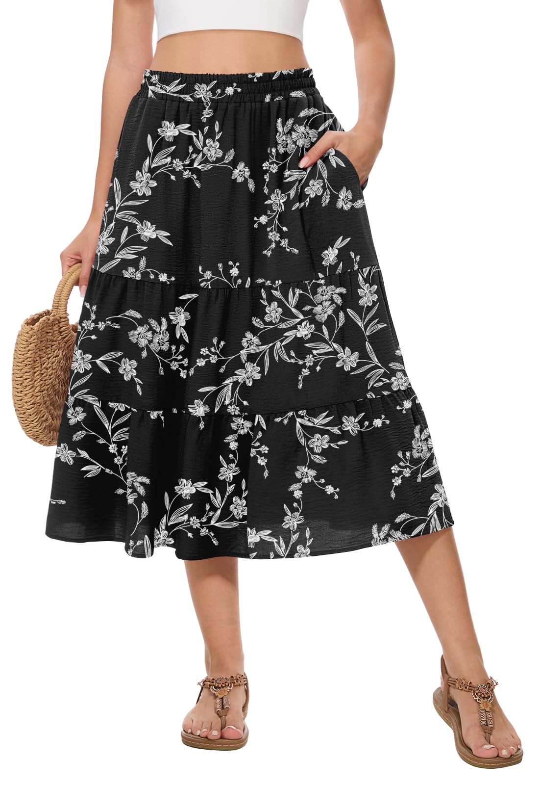 Women's Summer Midi Skirt High Elastic Waist Flowy Ruffle Casual Boho A-Line Skirts with Pockets