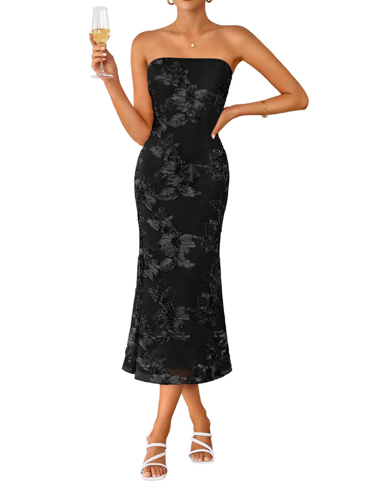 ZESICA Cocktail Wedding Guest Dresses for Women 2026 Summer Strapless Floral Bodycon Mesh Tube Formal Party Midi Dress