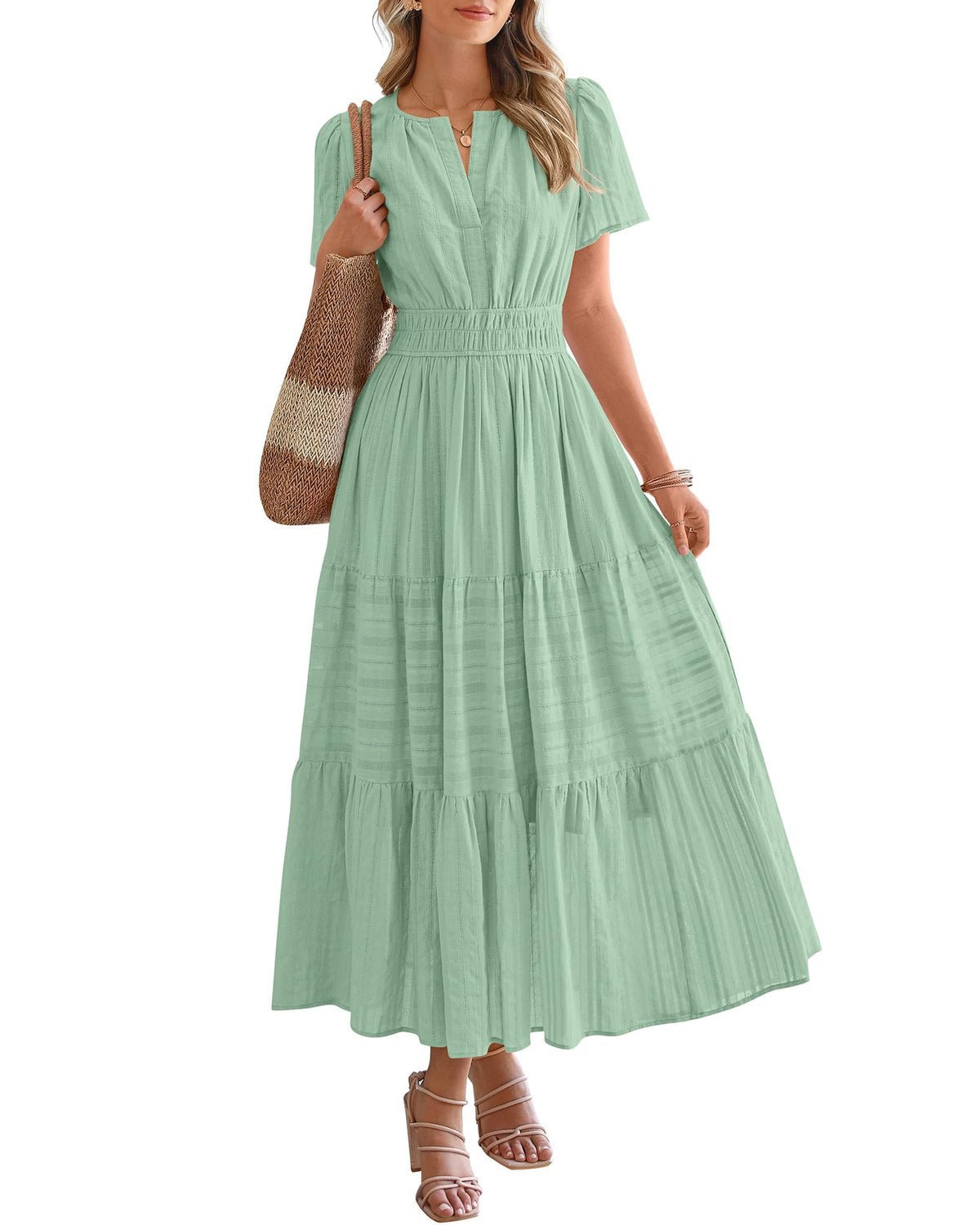 BTFBM Womens Summer 2026 Casual Midi Maxi Dresses Lightweight Short Sleeve V Neck Elastic Waist Boho Beach Dress Pockets