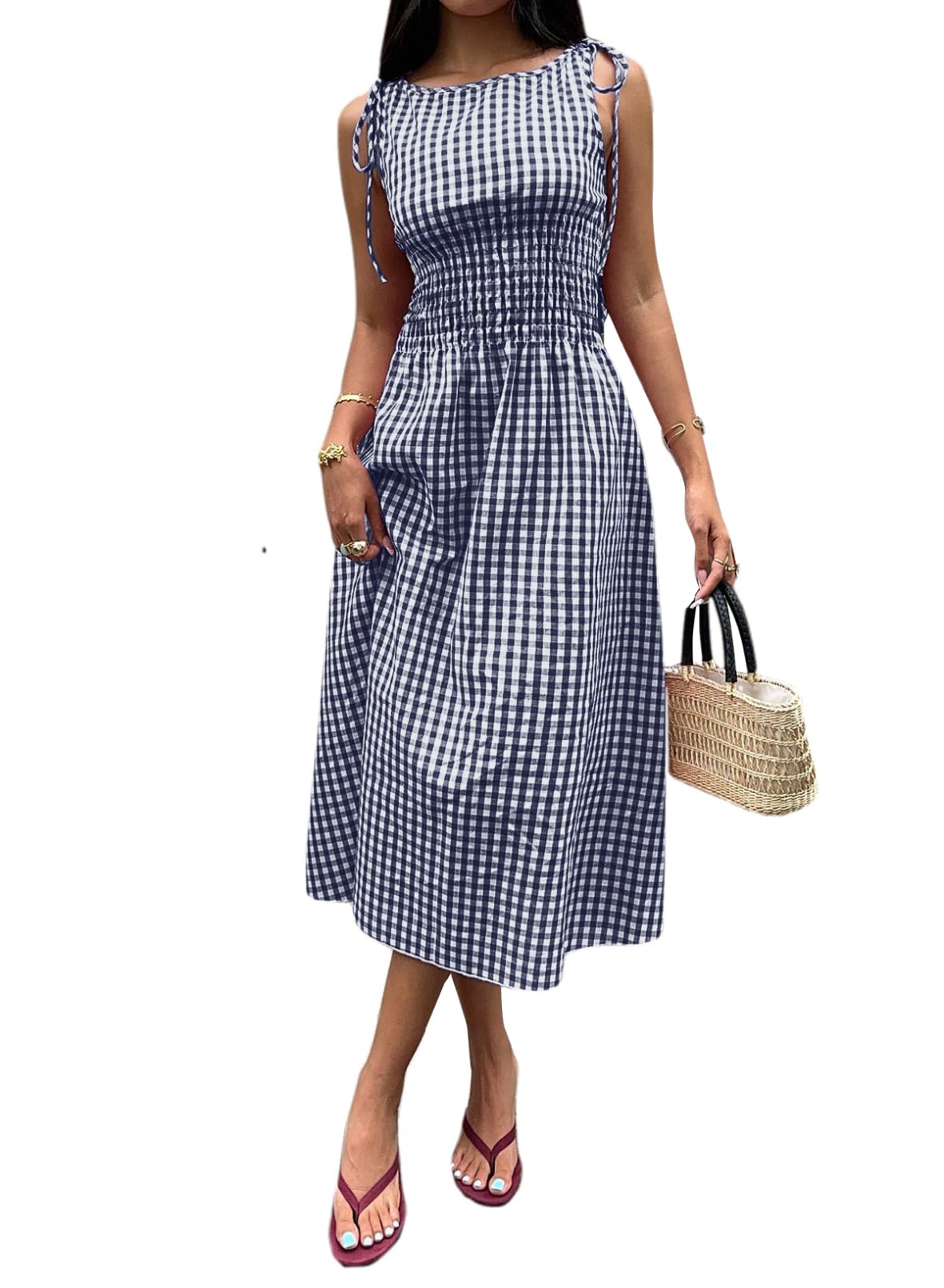 Acelitt Summer Maxi Dresses for Women 2026 Smocked Waist Gingham Dress Flowy A Line Beach Long Sundresses with Pockets