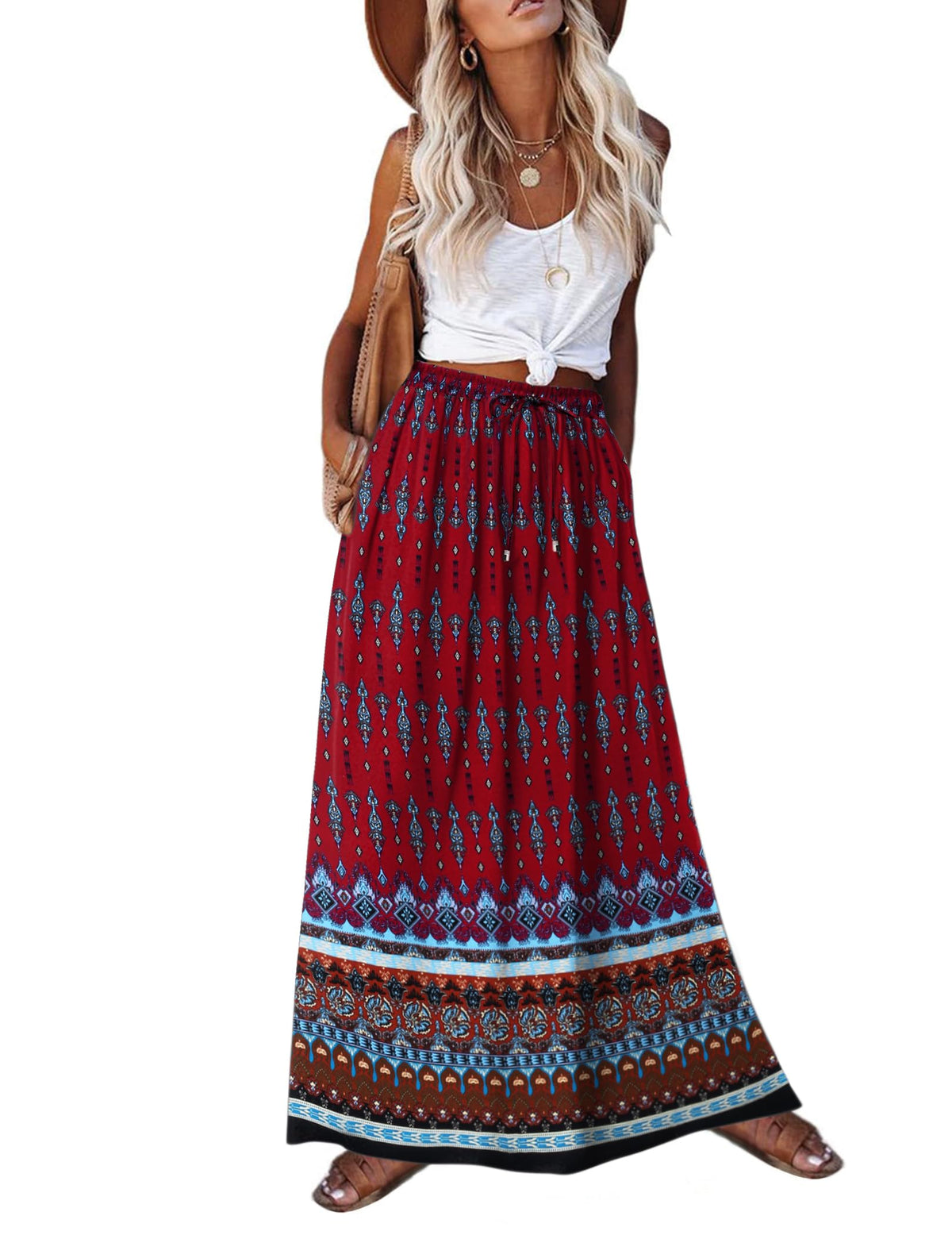 Zeagoo Women's 2026 Boho Floral Skirt Casual Elastic High Waist Maxi Skirts Flowy A Line Beach Long Skirt with Side Pockets
