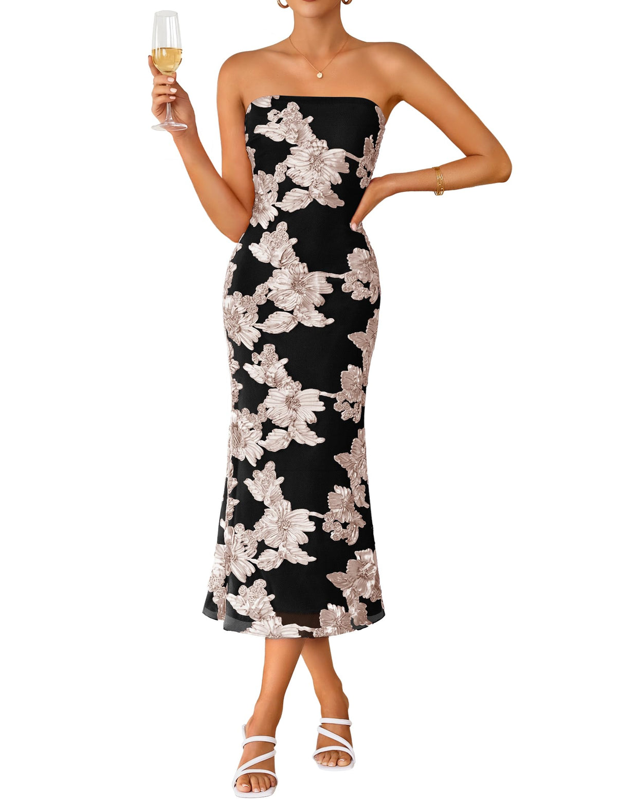 ZESICA Cocktail Wedding Guest Dresses for Women 2026 Summer Strapless Floral Bodycon Mesh Tube Formal Party Midi Dress