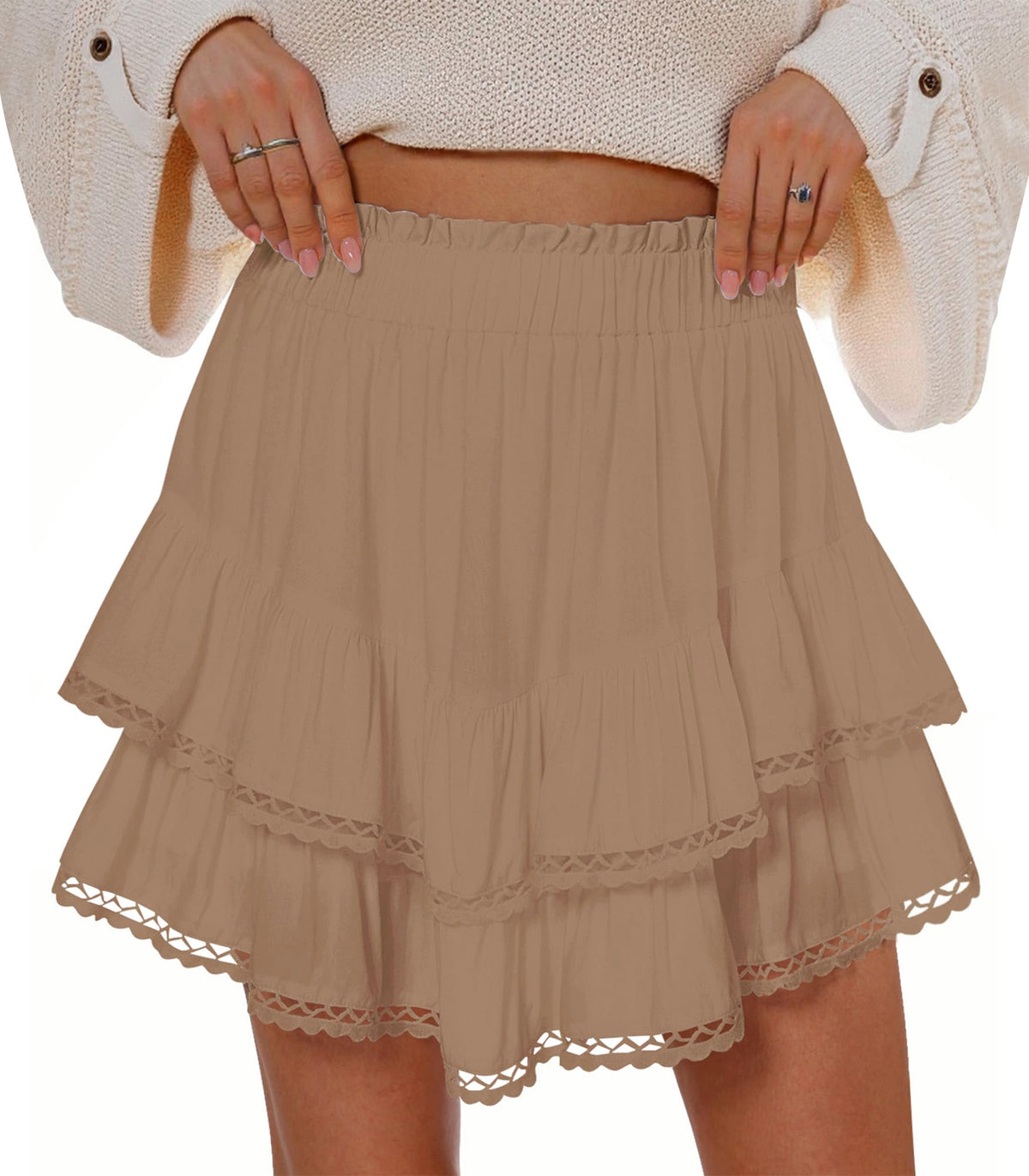 Flowy Shorts for Women Summer Casual Lace Skorts Boho High Waist Tiered Ruffle Mini Skirts