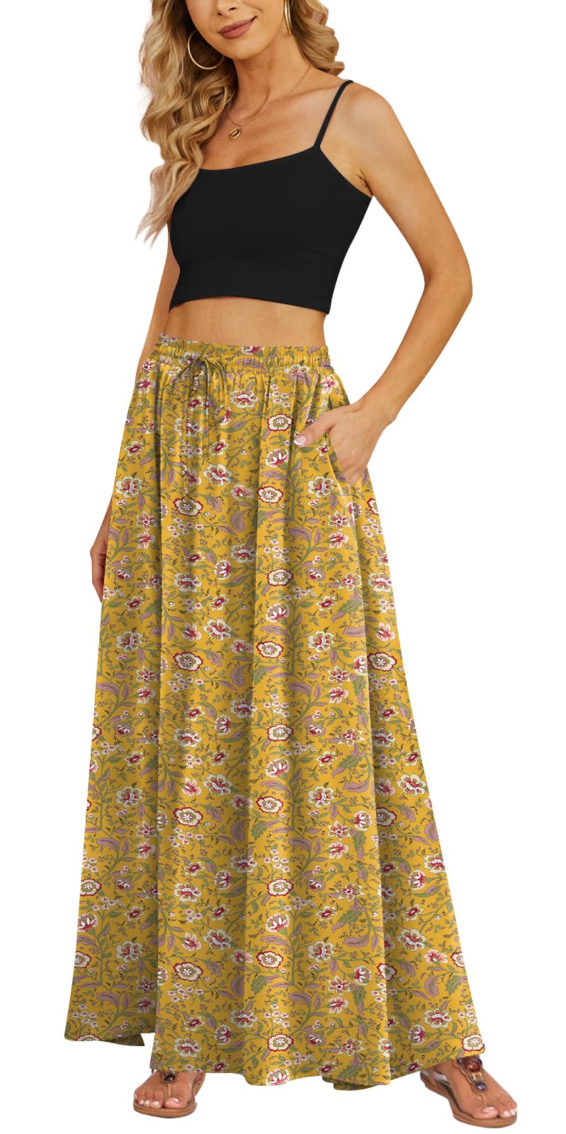 Yincro Women's Flowy Maxi Skirt Summer Pleated High Waisted Casual Long Skirts with Pockets