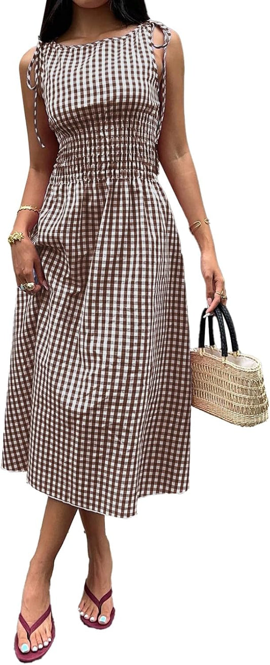 Acelitt Summer Maxi Dresses for Women 2026 Smocked Waist Gingham Dress Flowy A Line Beach Long Sundresses with Pockets
