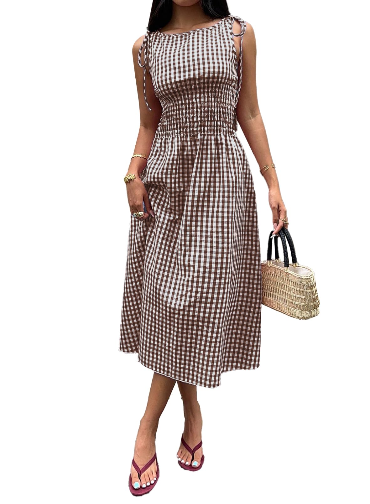 Acelitt Summer Maxi Dresses for Women 2026 Smocked Waist Gingham Dress Flowy A Line Beach Long Sundresses with Pockets