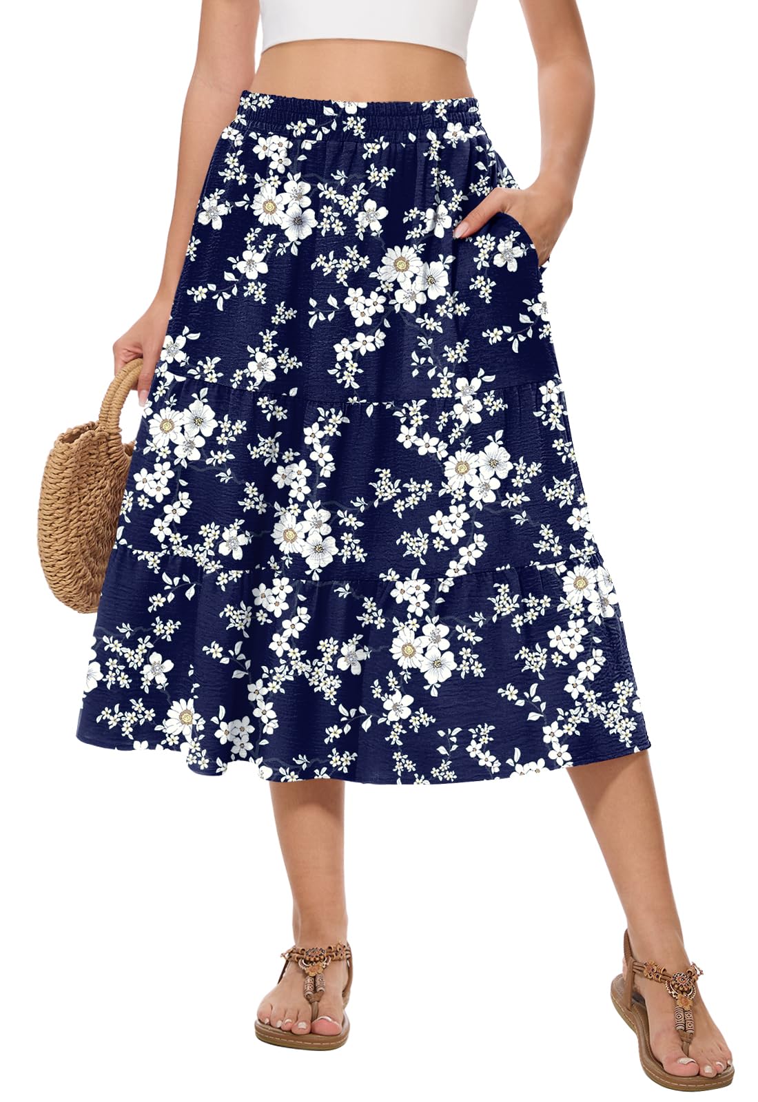 Women's Summer Midi Skirt High Elastic Waist Flowy Ruffle Casual Boho A-Line Skirts with Pockets