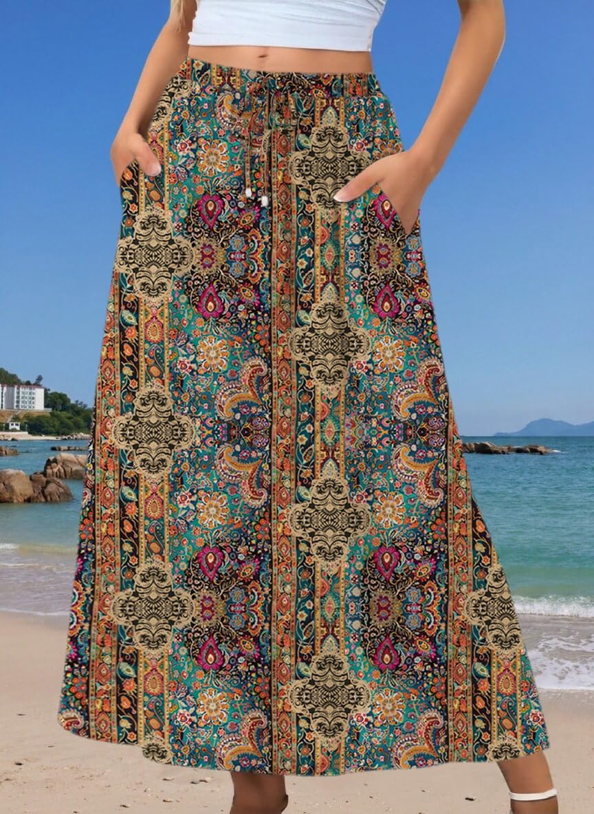 Zeagoo Women's 2026 Boho Floral Skirt Casual Elastic High Waist Maxi Skirts Flowy A Line Beach Long Skirt with Side Pockets