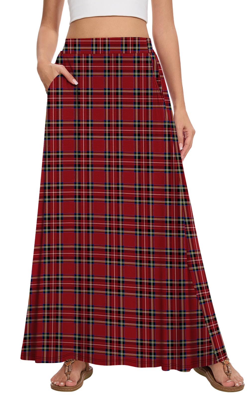 Womens Maxi A-line Long Skirt Casual 2026 Elastic High Waist Flowy Skirts with Pockets