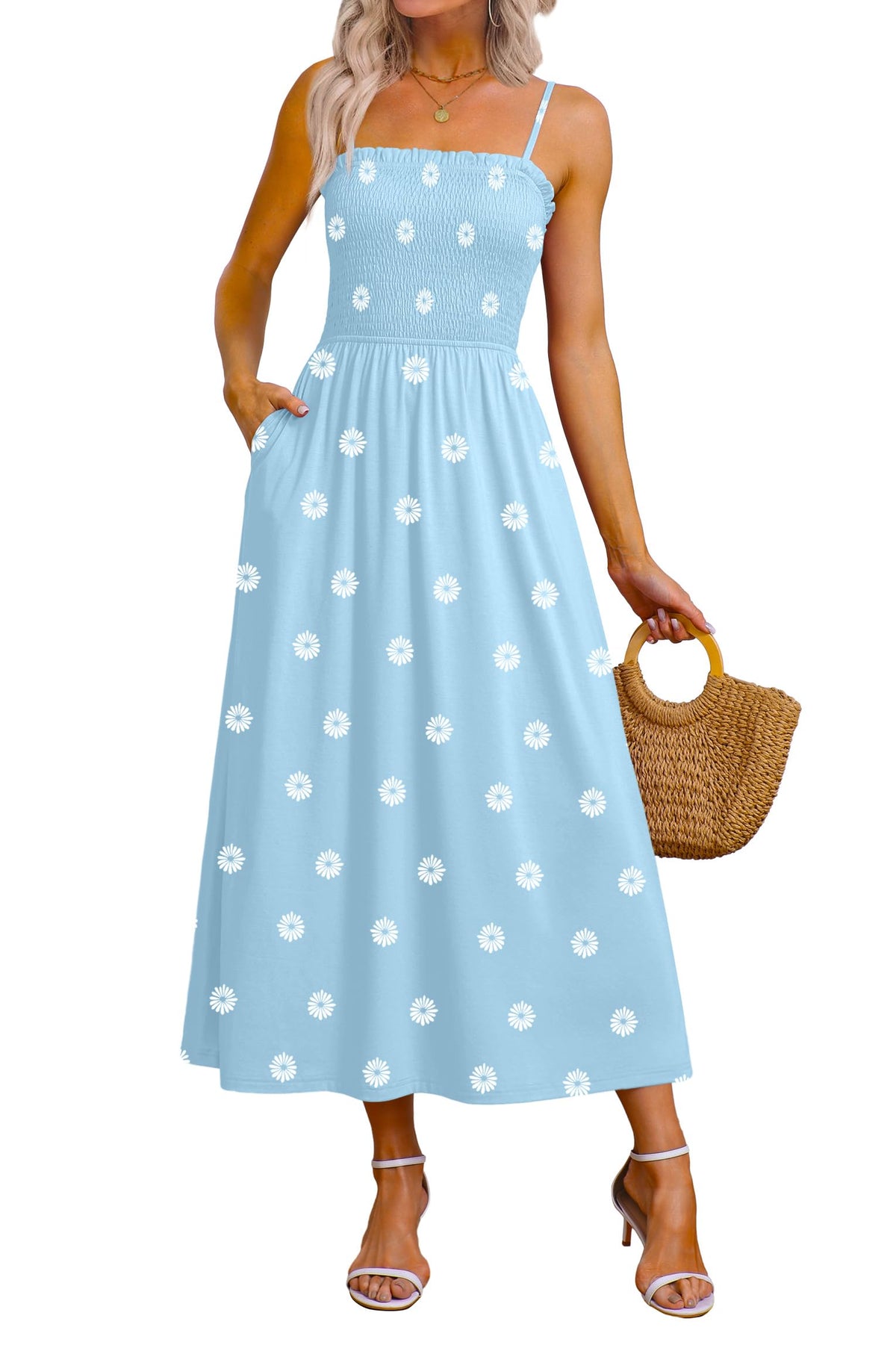OFEEFAN Womens Spaghetti Strap Maxi Dresses Smocked with Pockets 2026 Summer Spring Casual Boho Beach Long Sundresses