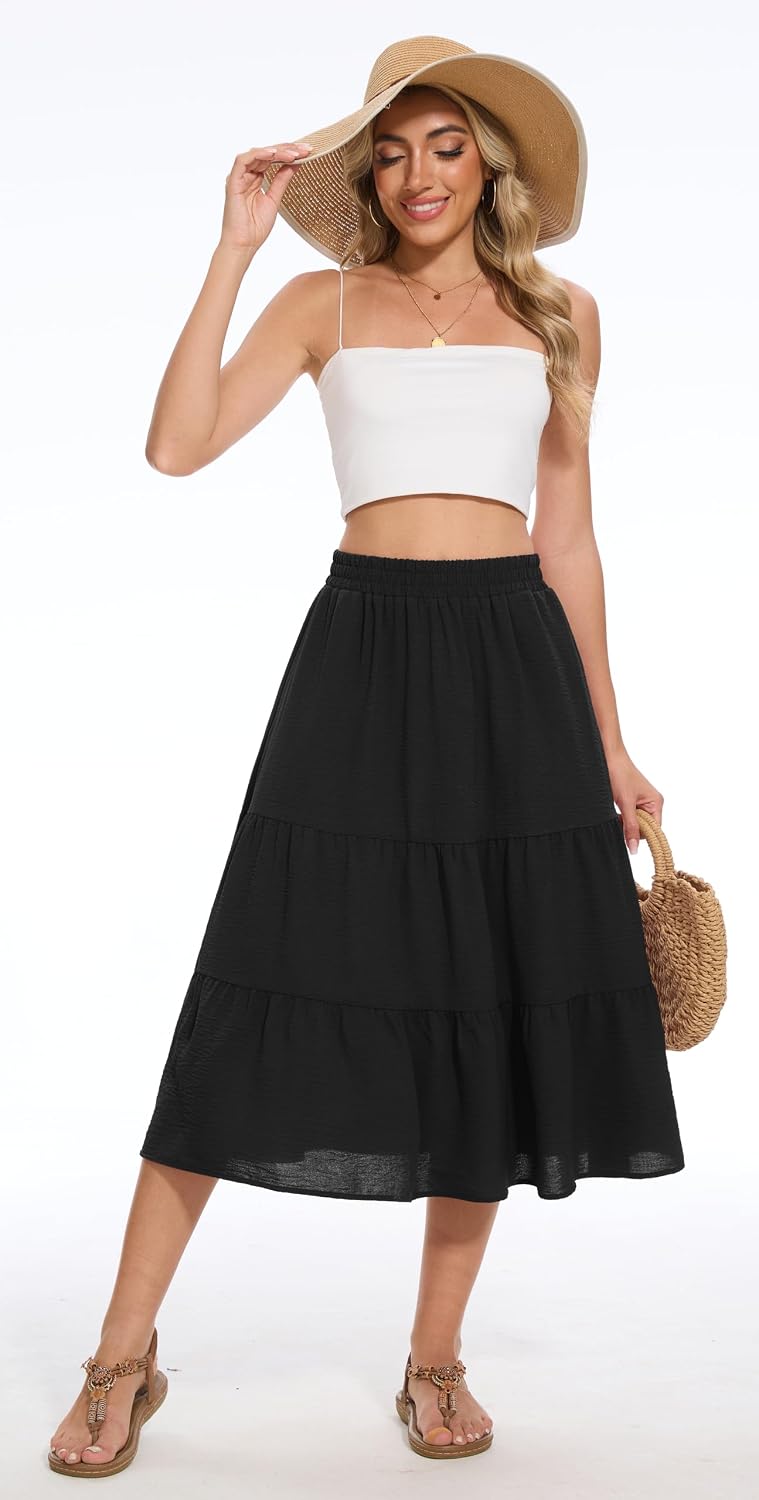 Women's Summer Midi Skirt High Elastic Waist Flowy Ruffle Casual Boho A-Line Skirts with Pockets