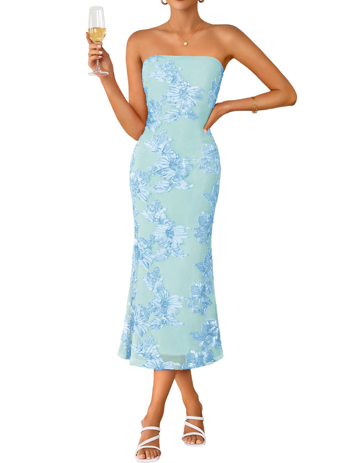 ZESICA Cocktail Wedding Guest Dresses for Women 2026 Summer Strapless Floral Bodycon Mesh Tube Formal Party Midi Dress