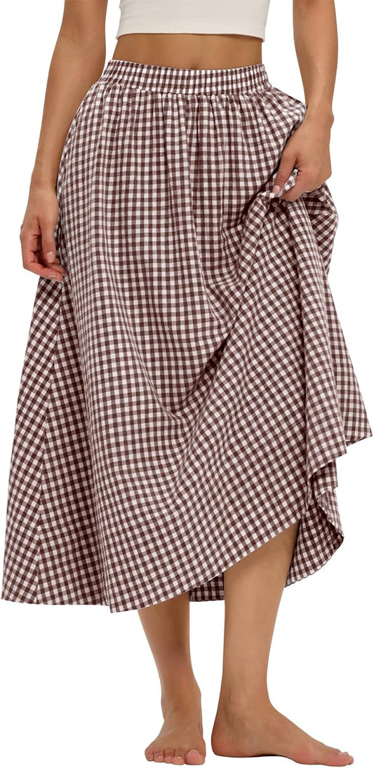 LOMON Midi Skirts for Women A-Line Cotton Flowy Maxi Skirt Boho Summer Beach Casual Elastic Waist Dress Outfit with Pockets