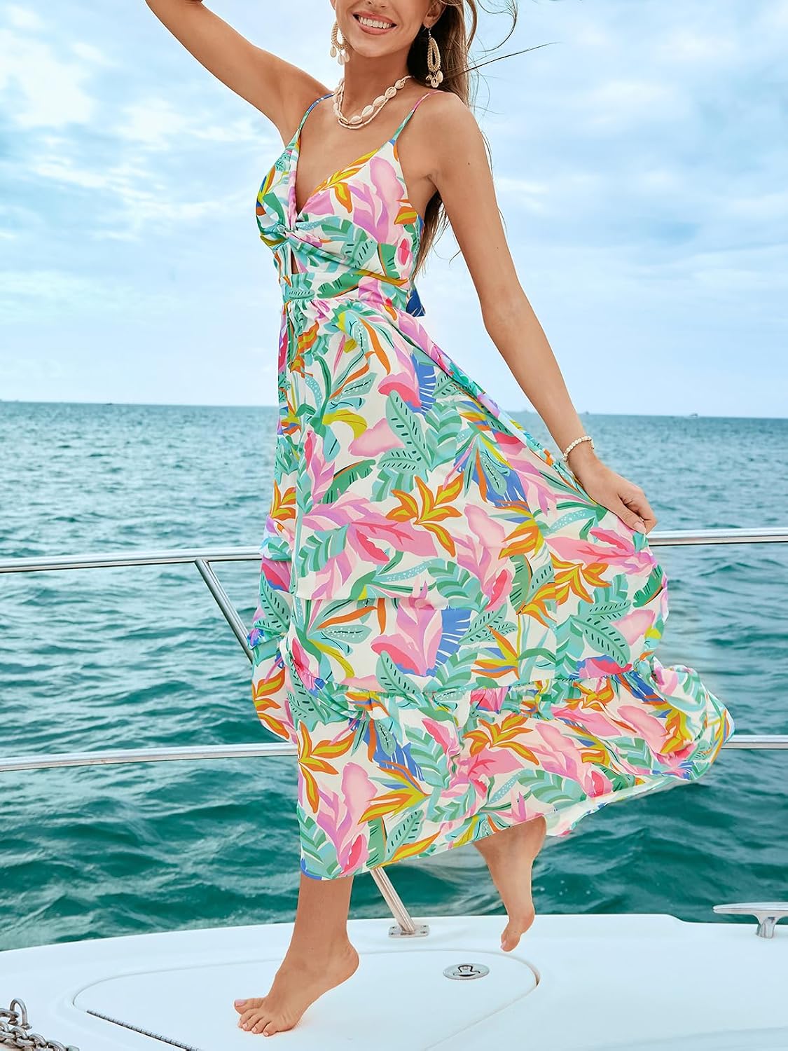 CUPSHE Women's Maxi Dress Floral Print Twisted V Neck Sleeveless Long Dress Summer Casual Dress