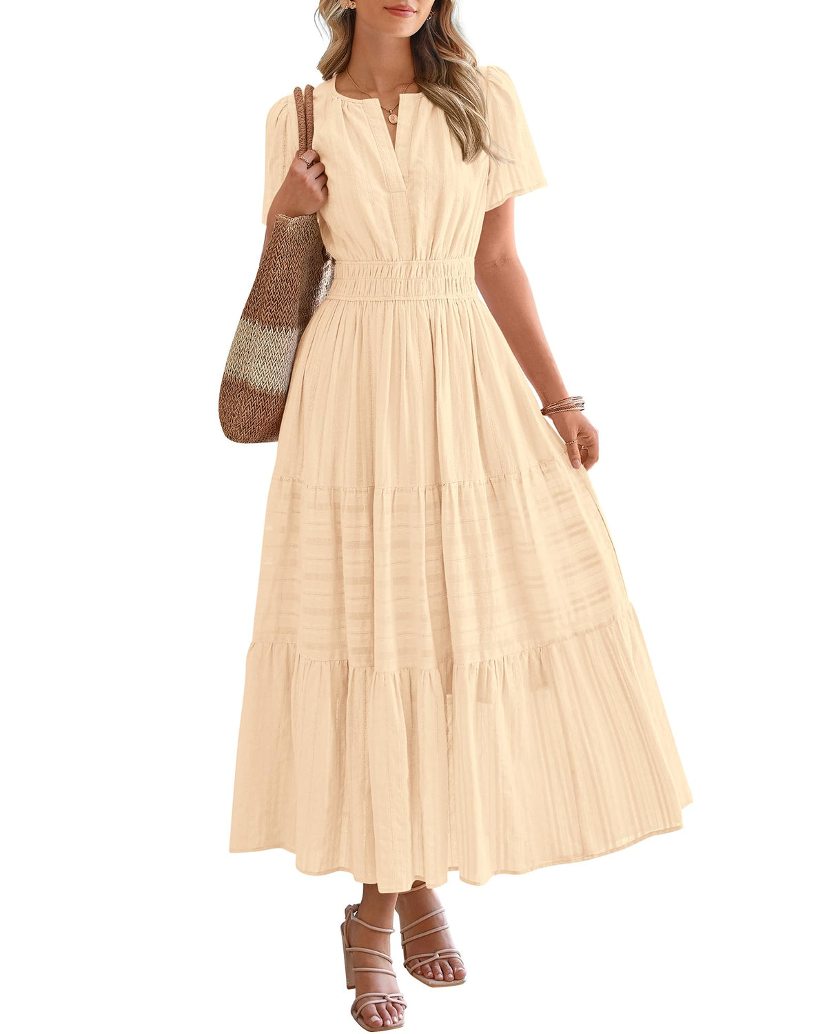 BTFBM Womens Summer 2026 Casual Midi Maxi Dresses Lightweight Short Sleeve V Neck Elastic Waist Boho Beach Dress Pockets
