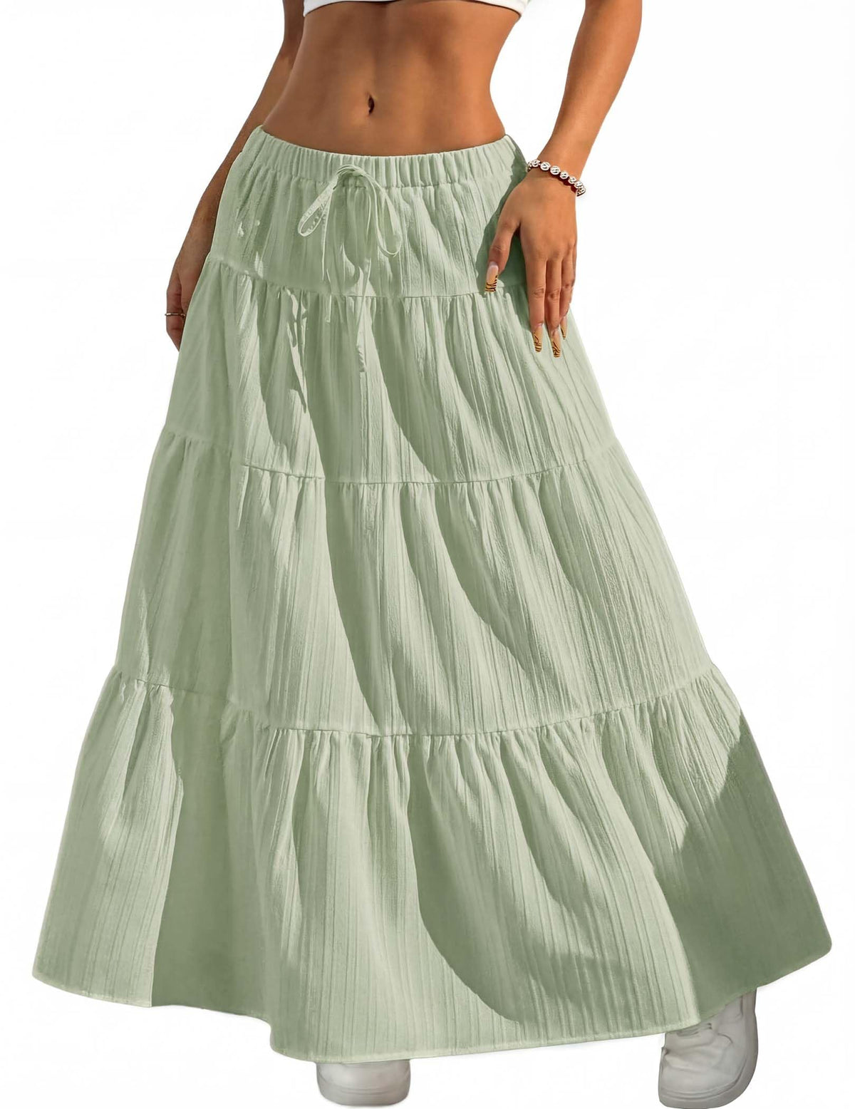 DERAX Women's Boho Flowy White Maxi Skirt Flared Ruffle Elastic Waist Summer A Line 2026 Spring Long Skirts