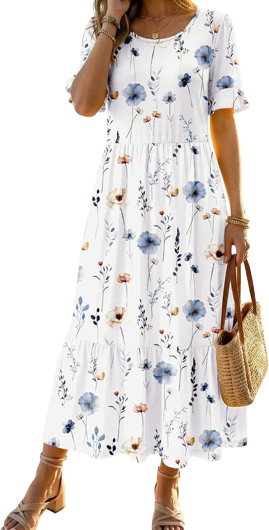 Zeagoo Womens Summer Dresses 2026 Casual Midi Dress Flowy Sundress Ruffle Short Sleeve Tiered Dresses A Line Boho Dress