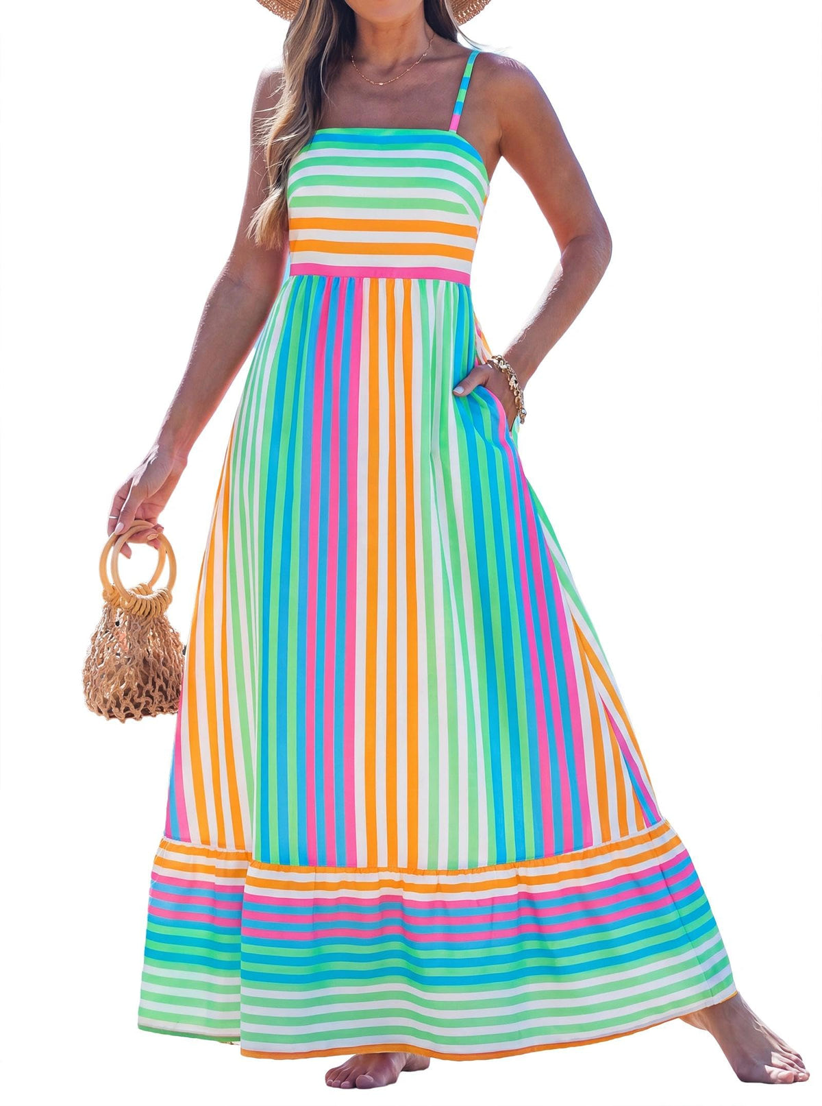 popvil Women Summer Maxi Dress 2026 Spaghetti Strap Long Beach Dress Boho A-Line Flowy Casual Sleeveless Sun Dress