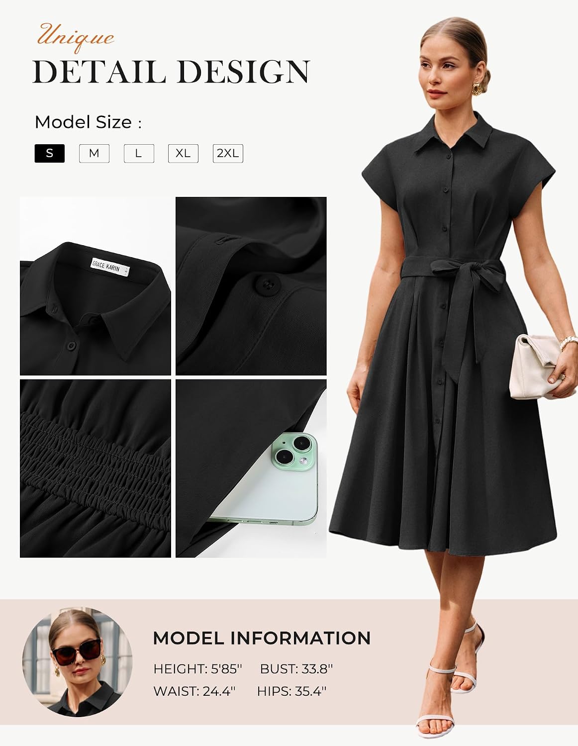 GRACE KARIN Womens Short Sleeve Shirt Dresses 2026 Summer Midi Button Down Dress Work Business Casual Dress with Pockets