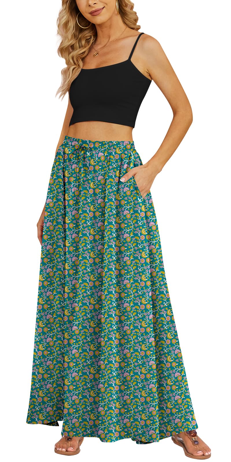 Yincro Women's Flowy Maxi Skirt Summer Pleated High Waisted Casual Long Skirts with Pockets