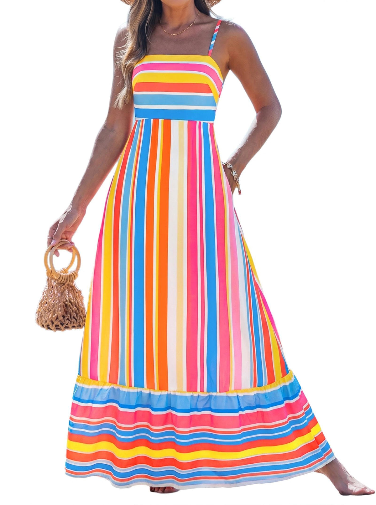 popvil Women Summer Maxi Dress 2026 Spaghetti Strap Long Beach Dress Boho A-Line Flowy Casual Sleeveless Sun Dress