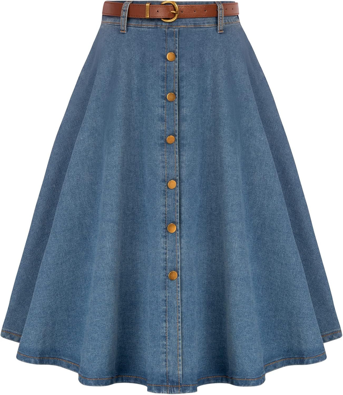Belle Poque Women's Denim Skirts Vintage Below Knee Length High Waist A-Line Jean Skirts with Pockets