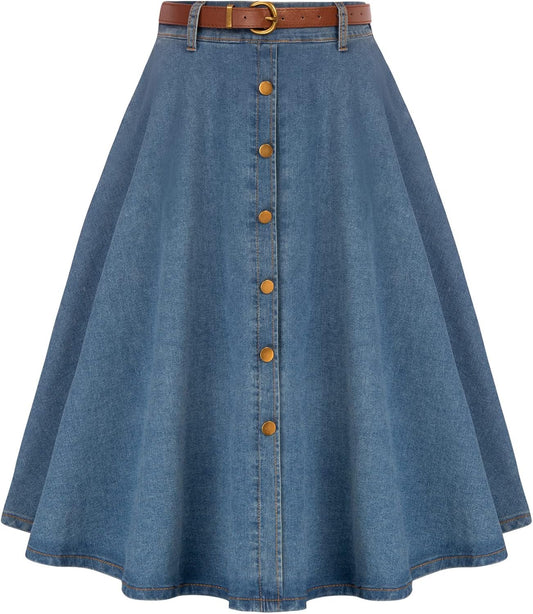 Belle Poque Women's Denim Skirts Vintage Below Knee Length High Waist A-Line Jean Skirts with Pockets
