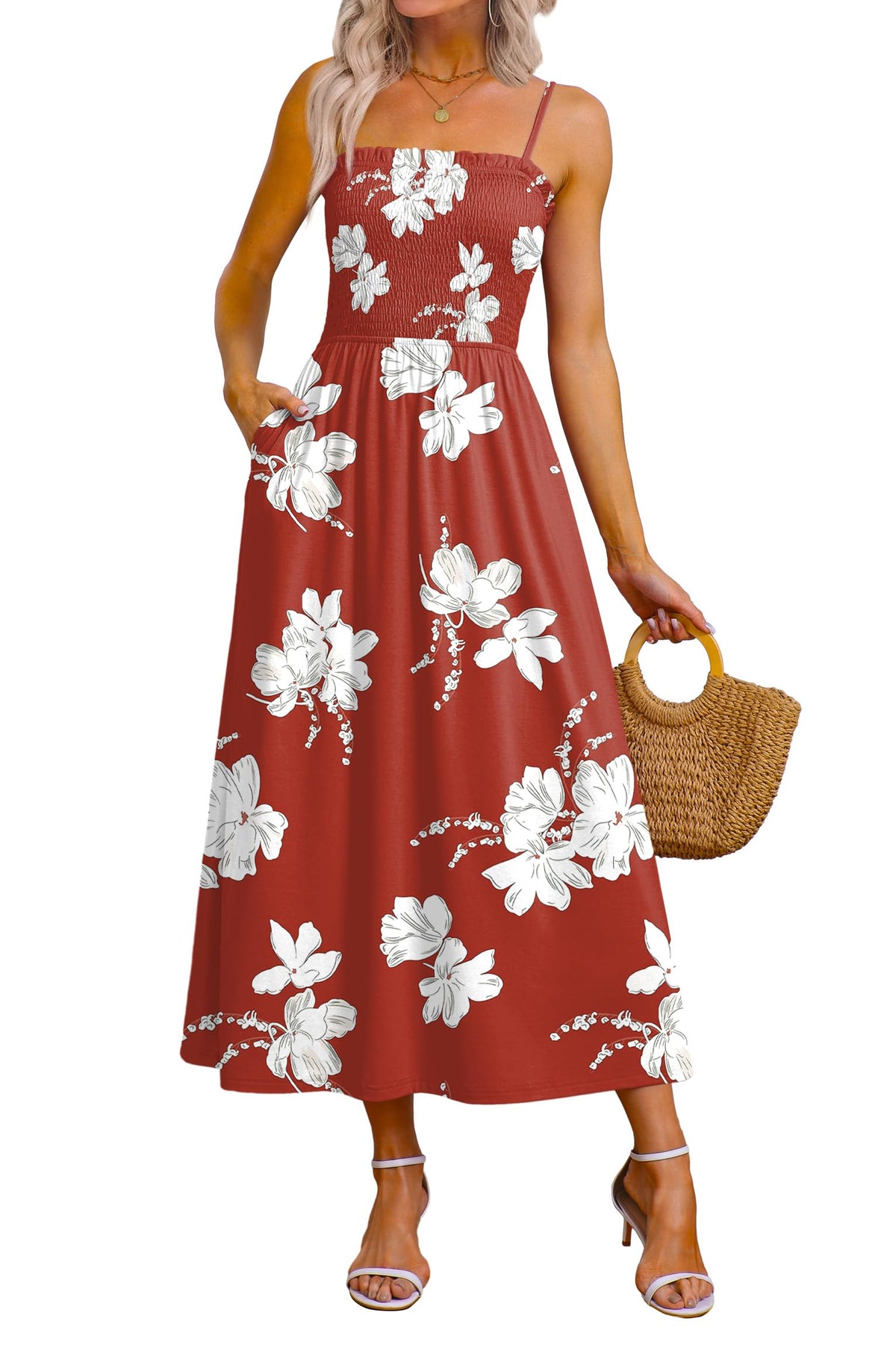 OFEEFAN Womens Spaghetti Strap Maxi Dresses Smocked with Pockets 2026 Summer Spring Casual Boho Beach Long Sundresses