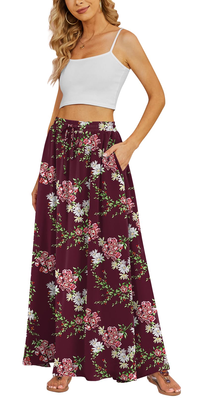 Yincro Women's Flowy Maxi Skirt Summer Pleated High Waisted Casual Long Skirts with Pockets