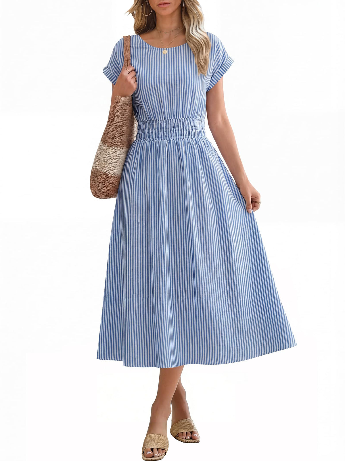 ANRABESS Womens Summer Midi Dress Striped Casual Short Sleeve Crewneck Empire Waist 2026 Flowy Long Beach Dress with Pockets