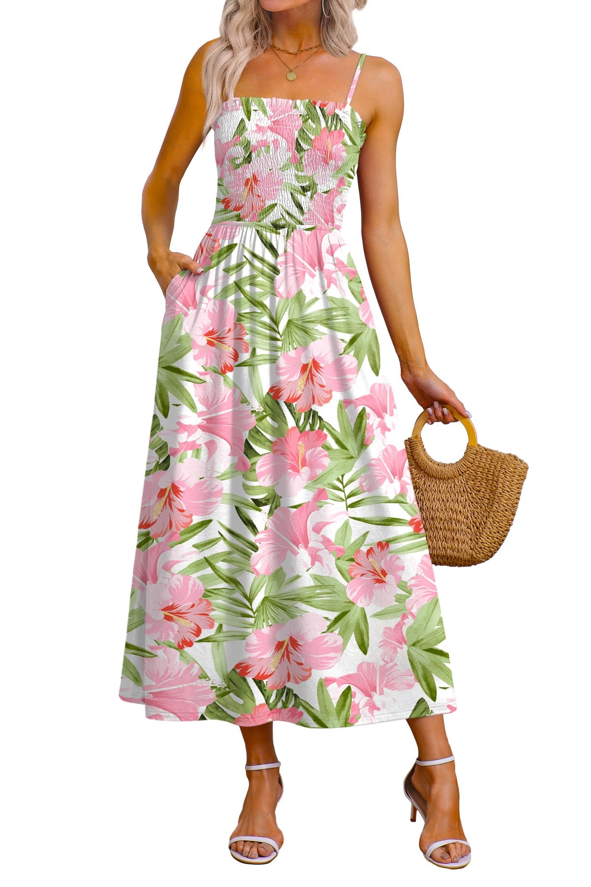 OFEEFAN Womens Spaghetti Strap Maxi Dresses Smocked with Pockets 2026 Summer Spring Casual Boho Beach Long Sundresses