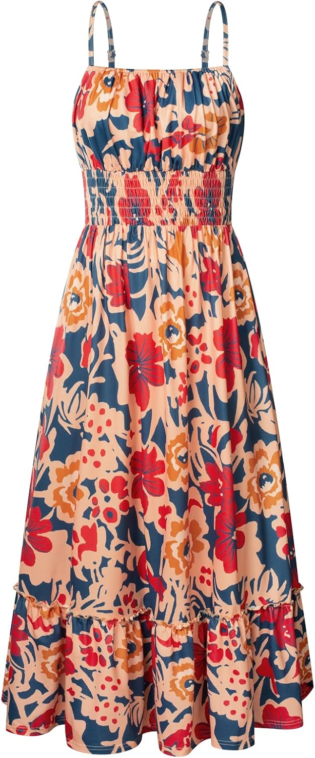 GRACE KARIN Summer Dresses for Women 2026 Vacation,Smocked Floral Maxi Dress,Boho Beach Sundress with Pocket Fashion Clothing