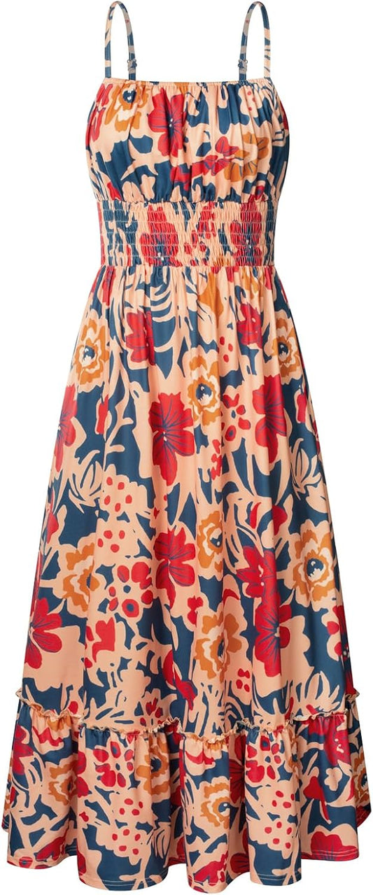 GRACE KARIN Summer Dresses for Women 2026 Vacation,Smocked Floral Maxi Dress,Boho Beach Sundress with Pocket Fashion Clothing