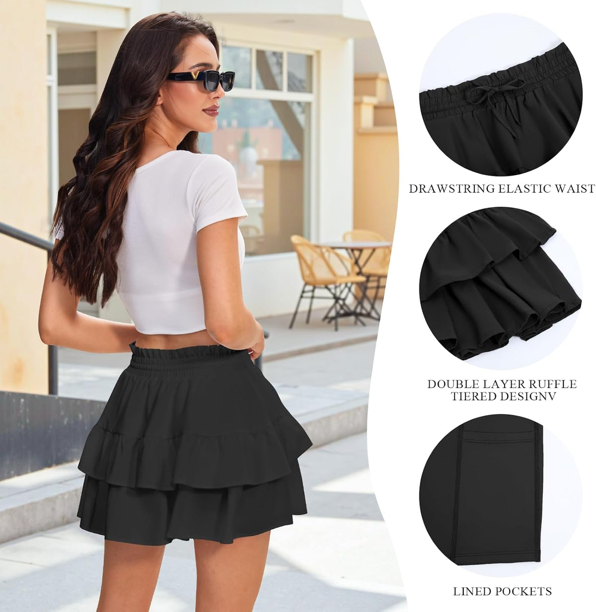 JEKAOYI Shorts for Women Ruffled Tiered Pleated Mini Skirts Boho High Waist Flowy Comfy Tennis Golf Skorts