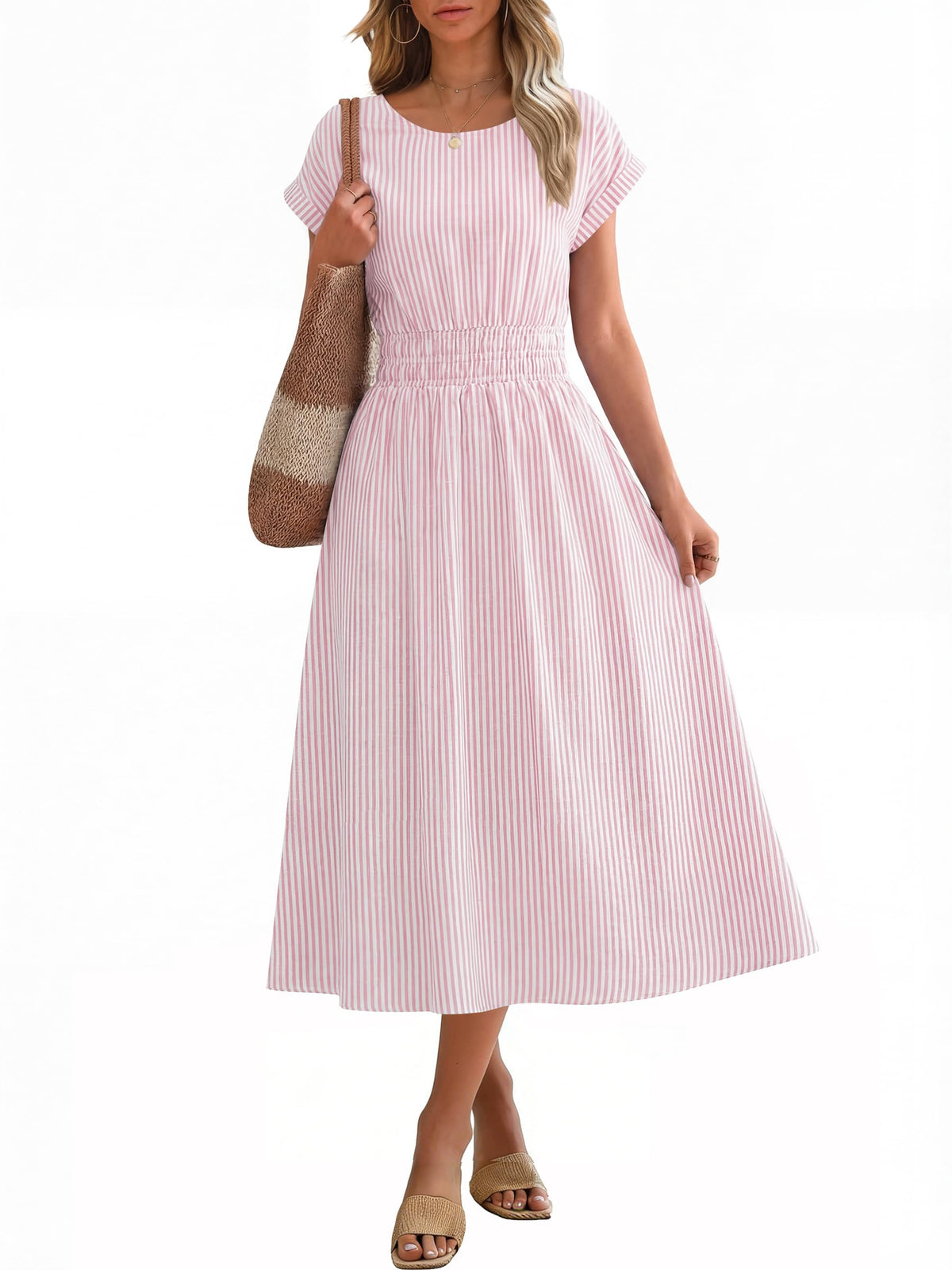 ANRABESS Womens Summer Midi Dress Striped Casual Short Sleeve Crewneck Empire Waist 2026 Flowy Long Beach Dress with Pockets