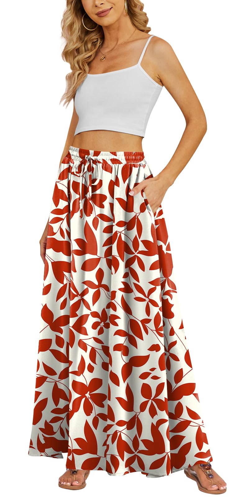 Yincro Women's Flowy Maxi Skirt Summer Pleated High Waisted Casual Long Skirts with Pockets