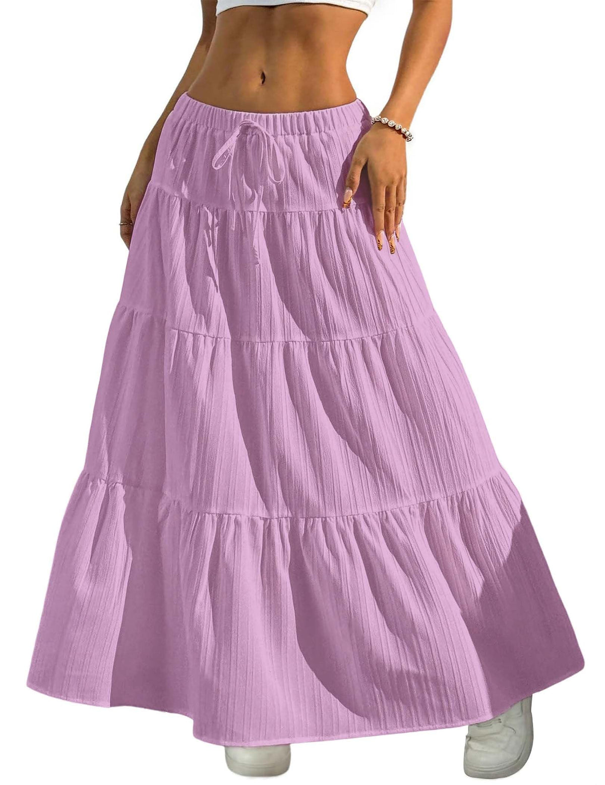 DERAX Women's Boho Flowy White Maxi Skirt Flared Ruffle Elastic Waist Summer A Line 2026 Spring Long Skirts