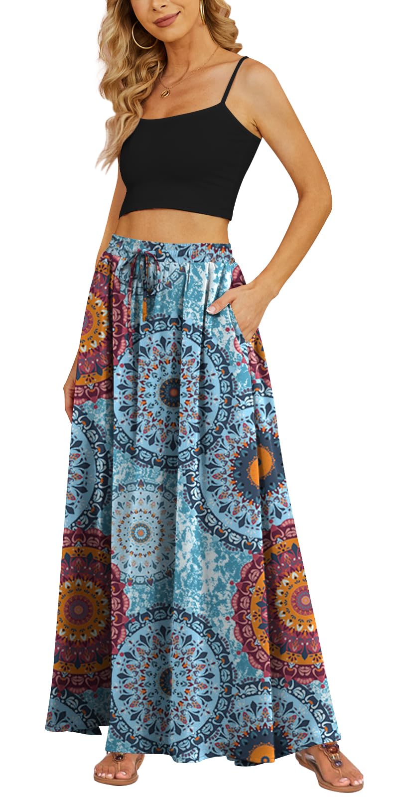Yincro Women's Flowy Maxi Skirt Summer Pleated High Waisted Casual Long Skirts with Pockets