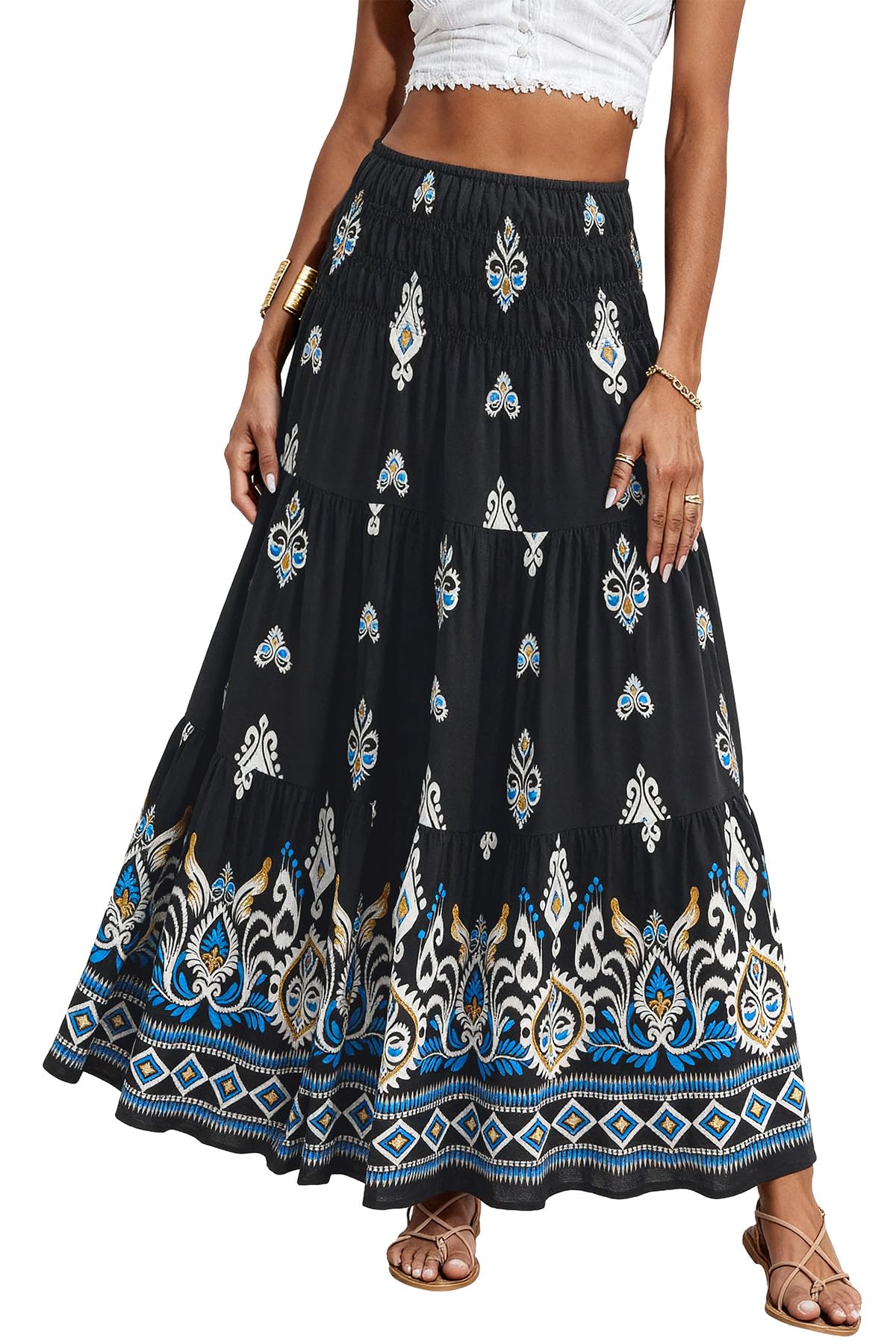 CFLONGE Summer Maxi Skirts for Women 2026 Fashion Boho Long Skirt Trendy Floral High Waist A Line Beach Skirt Vacation Outfit