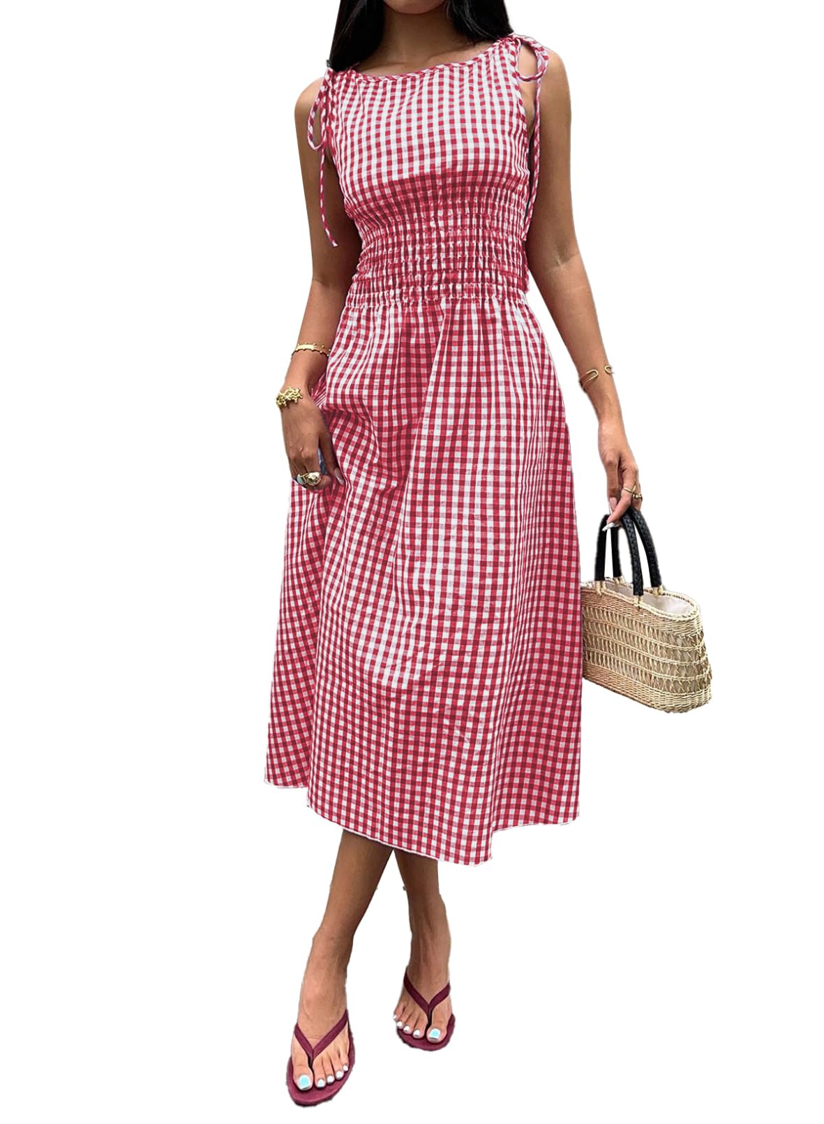 Acelitt Summer Maxi Dresses for Women 2026 Smocked Waist Gingham Dress Flowy A Line Beach Long Sundresses with Pockets