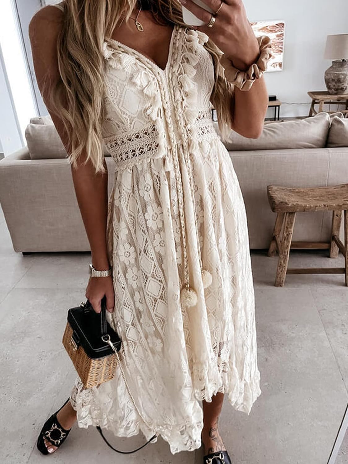 CUPSHE Maxi Summer Dress for Women Lace V Neck Sleeveless Sundress Boho Crochet Tassel Flowy Beach Vacation Graduation Dress
