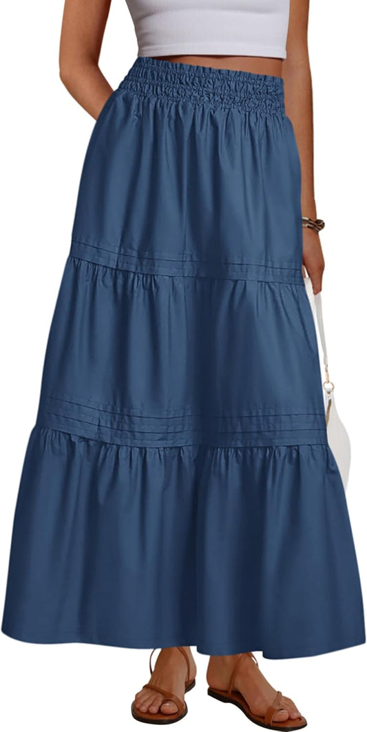 MASCOMODA Casual Long Skirts for Women Boho Swing A Line High Waisted Tiered Flowy Maxi Skirt with Pockets Beach Summer 2026