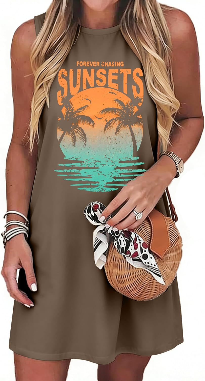 Summer Sundress for Women Beach Tank Dress Sleeveless Graphic T Dress Short Casual Sun Dresses Beach Cover Up