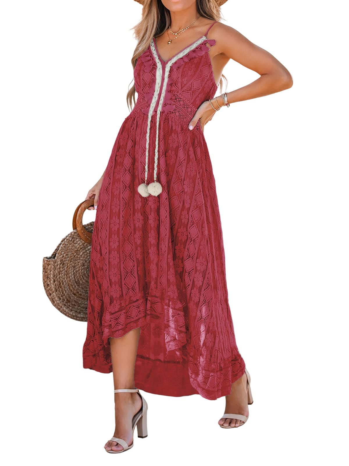 CUPSHE Maxi Summer Dress for Women Lace V Neck Sleeveless Sundress Boho Crochet Tassel Flowy Beach Vacation Graduation Dress