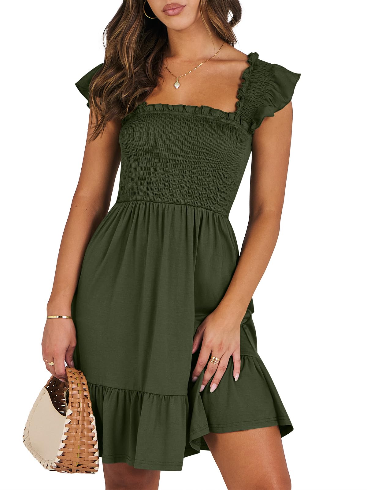 ANRABESS Women's Summer Casual Sleeveless Square Neck Dress 2026 Smocked Ruffle Backless Boho Beach Cute Teen Short Sundress