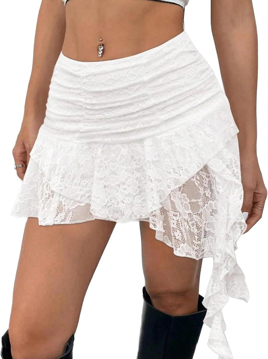 Avidlove Women's Y2k Lace Layered Mini Skirt Ruched A Line Cute Tiered Ruffle Skirt