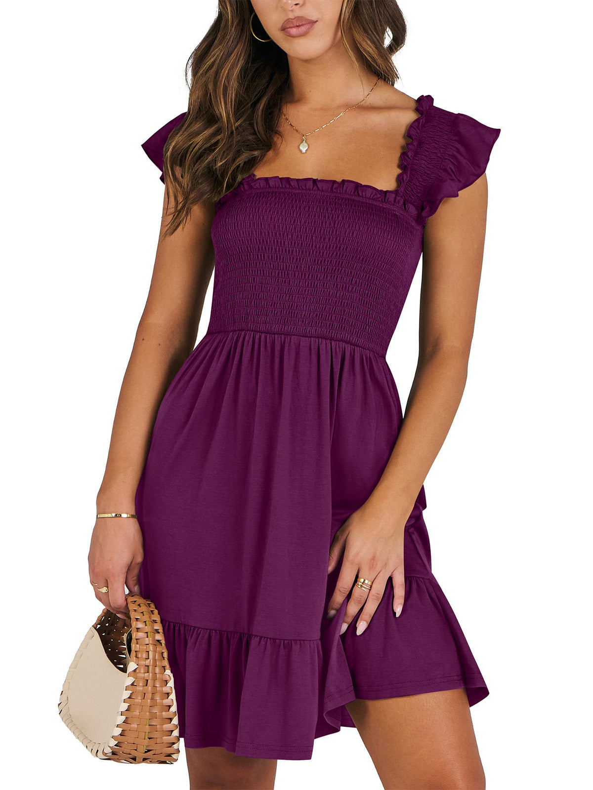 ANRABESS Women's Summer Casual Sleeveless Square Neck Dress 2026 Smocked Ruffle Backless Boho Beach Cute Teen Short Sundress
